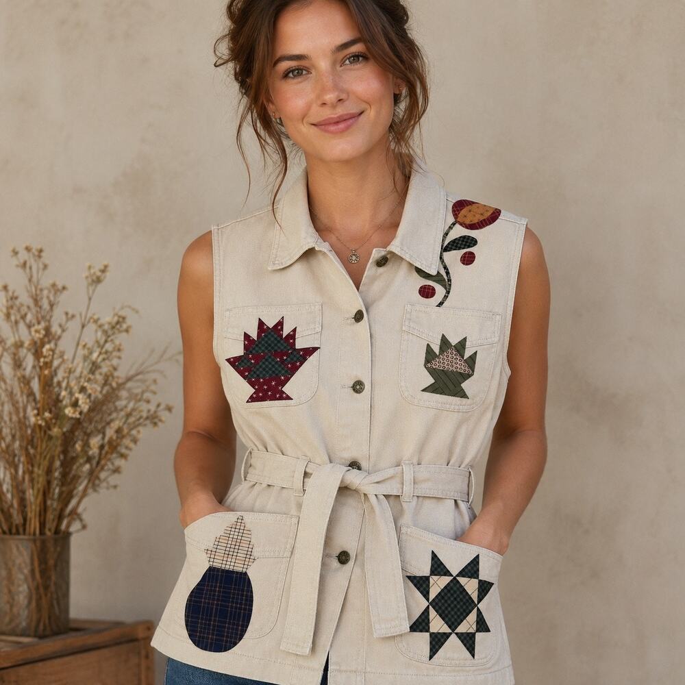 Vintage Patchwork Denim Utility Vest Quilted Applique Belted Cottagecore L -